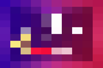 Abstract pixel art design featuring a blocky, stylized face or symbol against a vibrant gradient background of blue and red