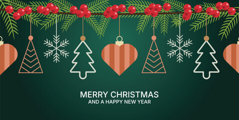 Festive christmas greeting card design with hanging ornaments, snowflakes, pine branch, and red berry decoration on dark green background vector illustration