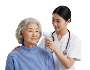 Healthcare provider uses a non-contact thermometer to check the temperature of a senior Asian woman.
