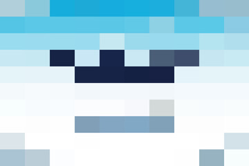 Close up of a pixelated, blocky, white and blue character face, possibly from a video game, showing eyes and mouth area