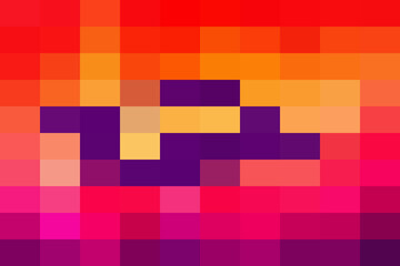 Abstract pixel art design featuring a horizontal block shape in deep purple and yellow against a vibrant gradient background of red, orange, and magenta hues