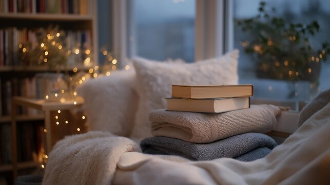 A cozy anxiety-free reading nook with soft blankets, warm fairy lights, and a stack of gentle self-care books, capturing the feeling of emotional safety and peaceful self-reflection — relaxation - Powered by Adobe