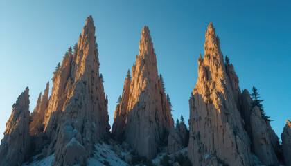 Three tall rock formations against a clear blue sky