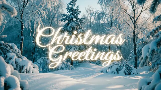 Christmas greetings lettering animating in snowy winter forest. Glowing white text emerges over snow-covered trees and landscape. Holiday seasonal graphic design for festive cards and invitations.