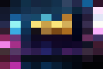 Abstract pixelated composition featuring a central golden shape against a dark, richly colored background of blues and purples