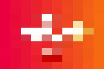 Abstract pixelated cross shape in white set against a vibrant, smooth gradient background transitioning from deep red to bright orange