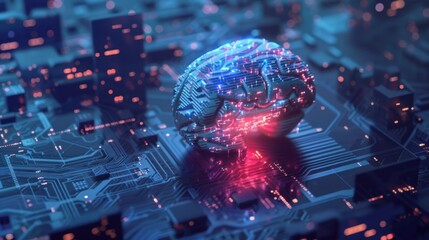 A digital brain with glowing circuits sits on a futuristic circuit board. The scene represents advanced technology and artificial intelligence concepts.
