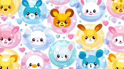 Cute Kawaii Animals Blowing Heart Bubbles With a Pastel Background Create a Joyful Kid-Friendly Scene
