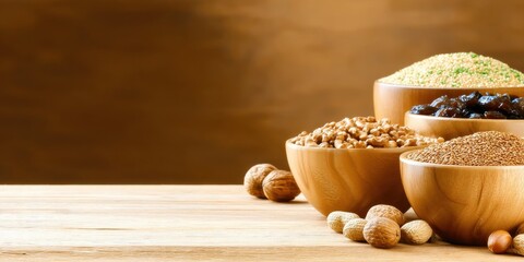 Wooden bowls filled with various nutritious seeds, nuts, and grains sit on a rustic wooden table, showcasing healthy eating options