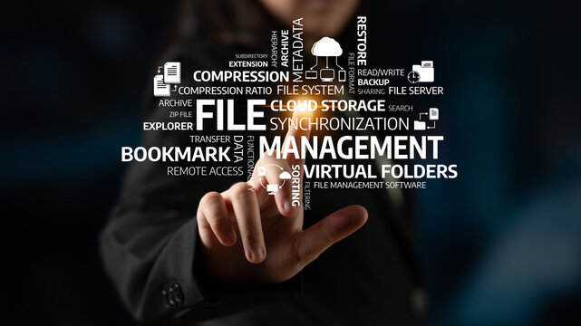A visually engaging representation of file management concepts with digital icons, showcasing essential terms and technologies for efficient data organization and storage. Tessel