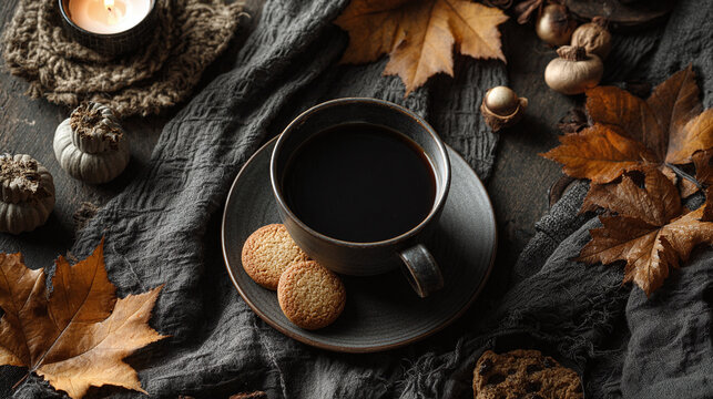 A cozy autumn still life featuring a cup of coffee, cookies and decorative leaves.