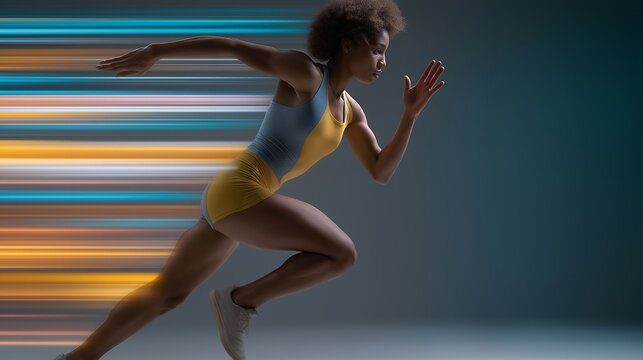 A runner captured mid-stride with motion trails layered behind them, highlighting the kinetic force of each step &mdash; athletic performance, explosive movement, and dynamic sports energy. cinematic