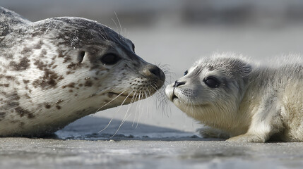 Mother seal and baby seal on a sandy beach