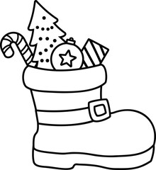 Santa's boots filled with gifts and a Christmas tree outline isolated.
kids coloring books and templates.
Transparent background.
