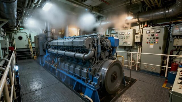 Large industrial diesel engine generating power in a ships engine room, exhaust fumes indicating operation during a voyage