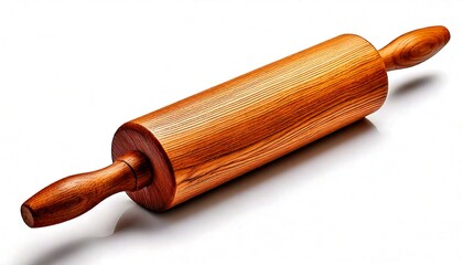 A wooden culinary tool called a rolling pin is seen isolated on a white background.