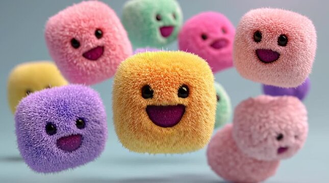 Colorful and fluffy characters bounce playfully in a lively animation filled with joy and fun