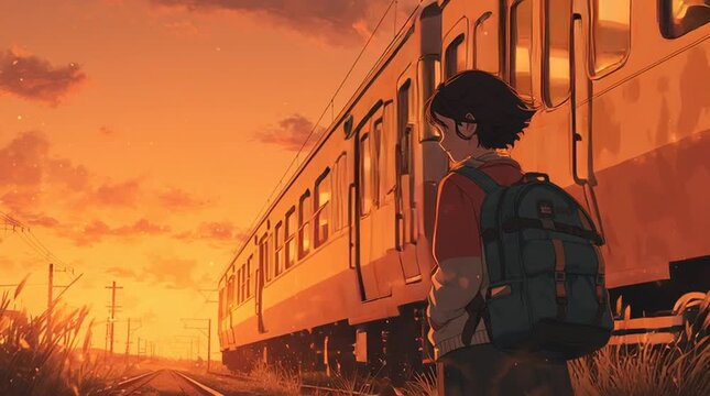 Young boy gazes at sunset while waiting by the train tracks in a quiet rural area