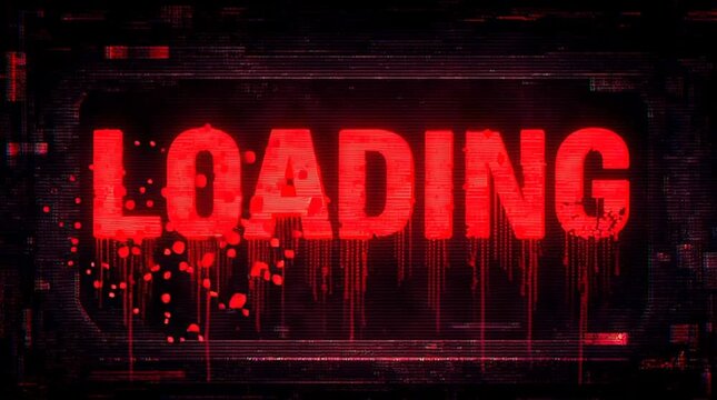 Dramatic loading screen with red text on a black background showing digital glitches and glitches during a suspenseful moment