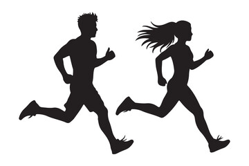 Silhouetted man and woman jogging together fitness concept