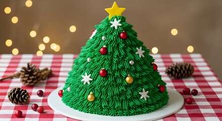 homemade christmas tree shaped cake with green frosting and holiday ornaments for festive dessert recipes, seasonal baking blogs, and winter party invitations