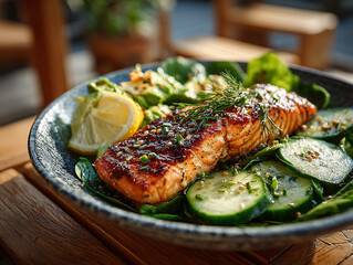 a plate with a piece of glazed salmon, topped with a green herb sauce and sesame seeds, served alongside cucumber slices, a side salad with pomegranate seeds, and a lemon wedge. 