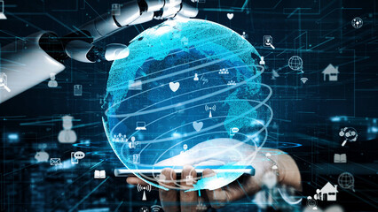 A high-tech representation of a robotic hand gently holding a glowing globe, illustrating the fusion of technology, connectivity, and information in the digital age. Xenic