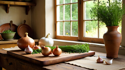 Rustic Kitchen Still Life: Herbs, Garlic on Weathered Wood, Natural Light
