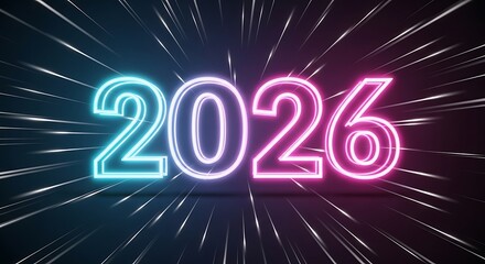 Glowing neon numbers 2026 in blue and pink with light streaks image