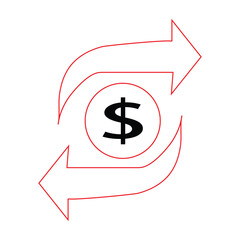 Dollar sign with red circular arrows symbolizing financial exchange, money flow, and economy.