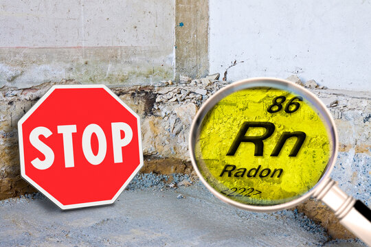 Stop Radon gas concept with a preparatory stage for the construction of a ventilated crawl space in an old building against against the danger of radon gas.
