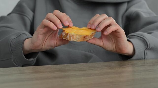 Bread and cheese in a person's hand.
Cheese sandwich.
Healthy snack.
Appetizing sandwich.