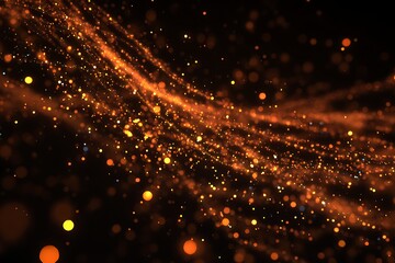 A mesmerizing abstract background featuring a dynamic flow of warm orange and golden glowing light particles and bokeh effects, creating a magical atmosphere.