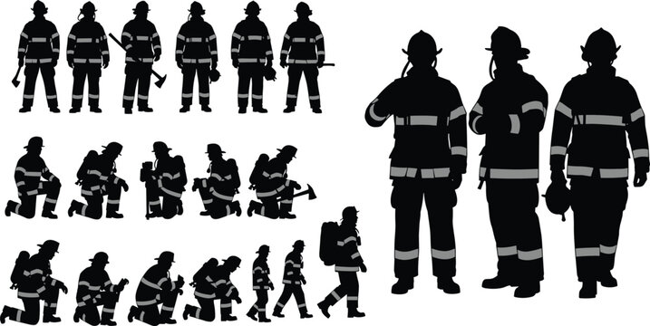 Firefighter and Rescue Worker Silhouettes Vector Set, Emergency Services Team in Uniform and Gear, Fireman Standing, Kneeling, and Walking Poses, Safety and Occupation Graphic, Isolated on White