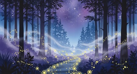 magical night forest with glowing fireflies and mystical fog under a starry sky for fantasy book covers, spiritual blogs, and enchanted website backgrounds
