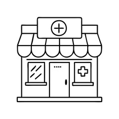 Line art illustration of a pharmacy building with an awning and a prominent medical cross sign