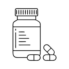 Line art illustration of a medicine bottle with a screw cap and several capsules