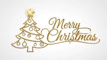 Glittering gold christmas tree and merry text isolated on white background - Powered by Adobe