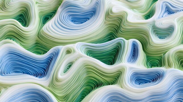 An abstract representation of topographic contours in blue, green, and white tones.