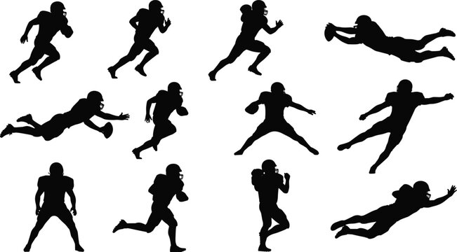 American Football Players Silhouettes Vector Set, Dynamic Action Poses for Running, Catching, and Diving, Team Sport and NFL Competition Graphic, Athletics and Game Design, Isolated on White