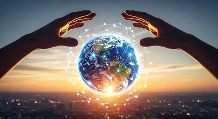 Hands cradling glowing Earth with network connections at sunset globe planet