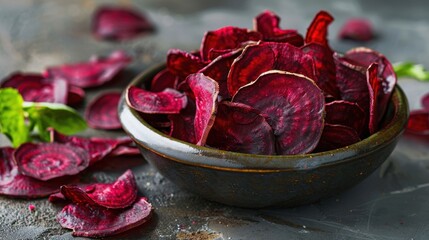 Dried beetroot slices in a dark bowl on a textured surface. Fresh beetroot leaves are scattered around. Healthy snack concept.