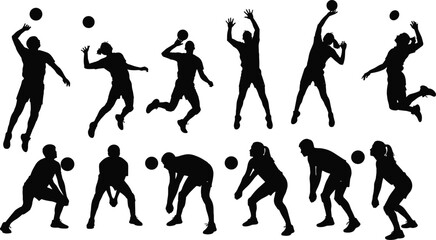 Volleyball Players Silhouettes Vector Set, Dynamic Action Poses for Spiking, Serving, and Blocking, Sport and Competition Graphic, Athletics and Team Game Design, Isolated on White
