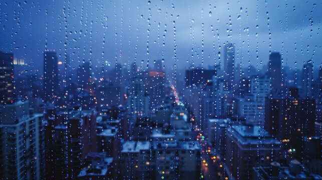 Rainy cityscape view with skyscrapers and blurred lights. Raindrops on glass create a moody atmosphere. Evening scene with urban elements.
