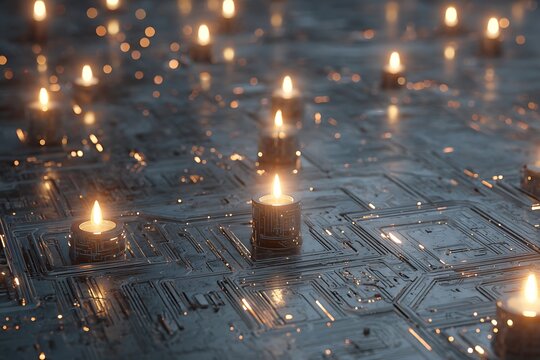 A captivating digital art piece featuring glowing candles on a futuristic circuit board, blending technology with serene light and contemplation.