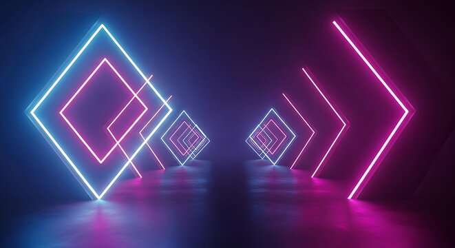 Neon rhombus tunnel with blue and pink glowing lights square