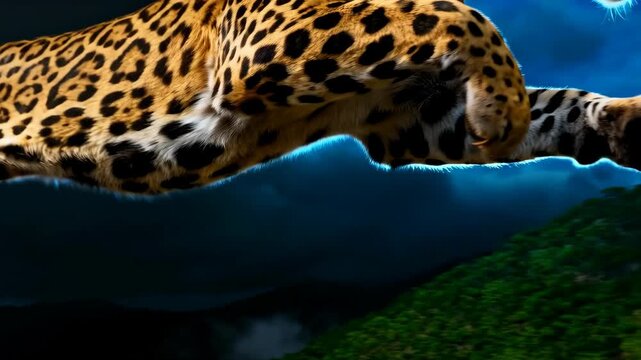 Leopard big cat running jump motion midair leap over misty mountain ridge with dramatic nocturnal