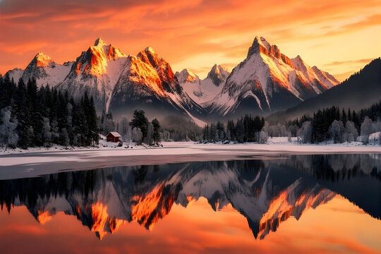 Majestic snow capped mountains reflecting in a calm lake at sunset with vibrant orange sky