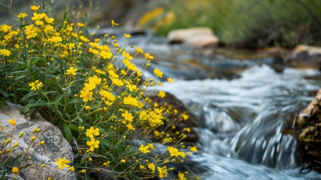 Yellow wildflowers grow beside a flowing mountain stream with rocks and green grass in a natural outdoor setting.