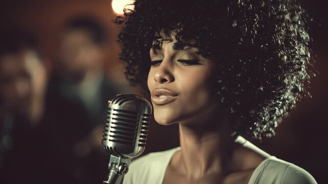 black female singer with curly hair, singing with microphone